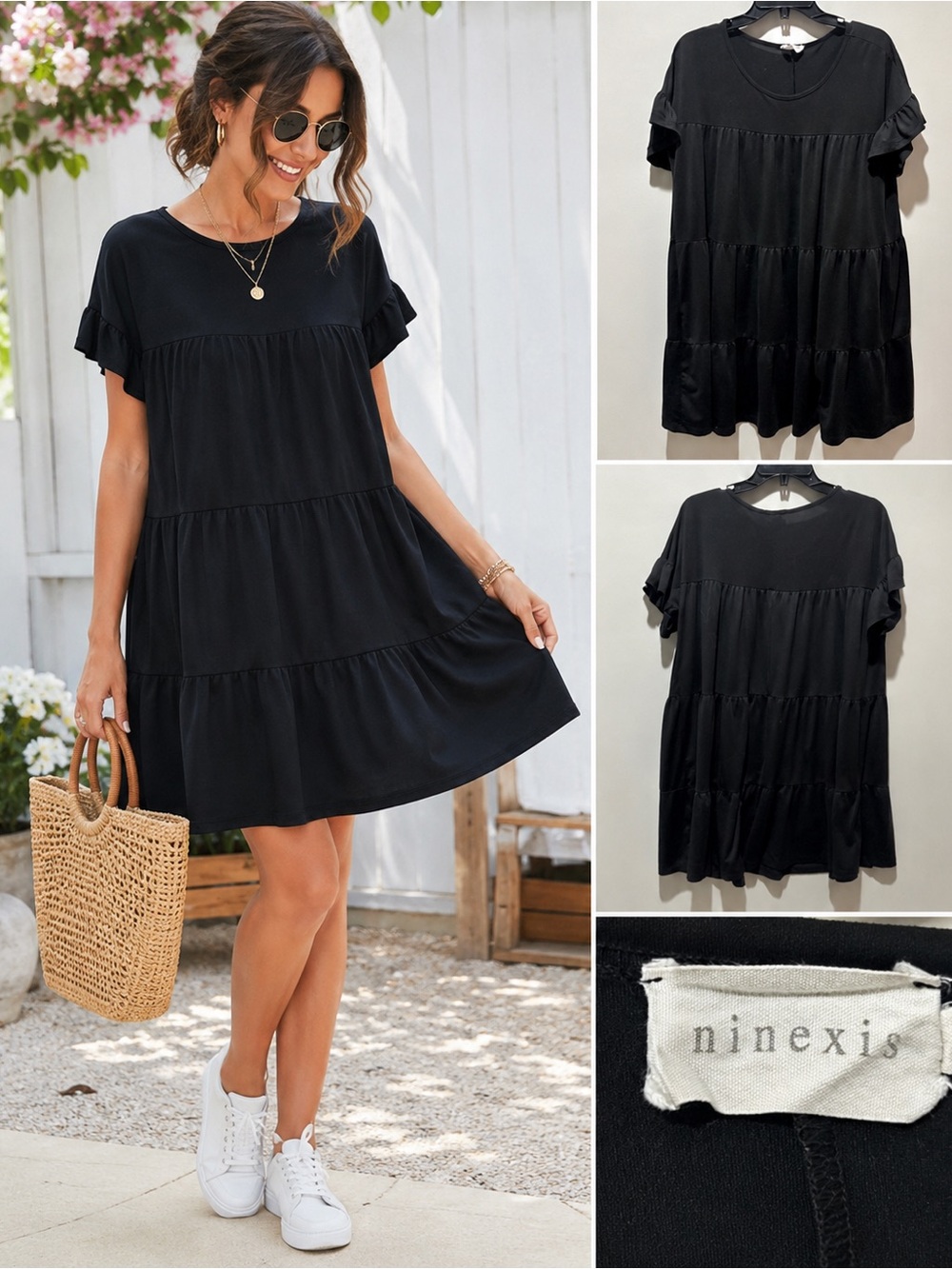 Ninexis Black Tiered Babydoll Dress Ruffle Sleeve Swing Dress Small